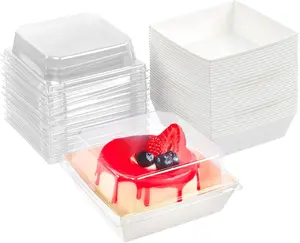 50 Pack Small Charcuterie Boxes with Clear Lids, 4 Inches Paper Bakery Boxes Dessert Boxes Disposable To Go Food Containers for Cookie, Cake Slice, Mini Cake, Chocolate Strawberry (White)