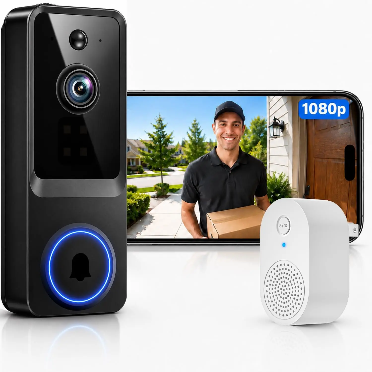 1080P Wireless Video Doorbell Camera Battery Powered Security Camera AI Human Detection 2 Way Audio Infrared Night Vision Cloud Storage 2.4GHz WiFi Front Door Surveillance Monitor Easy Installation Smart Home Security
