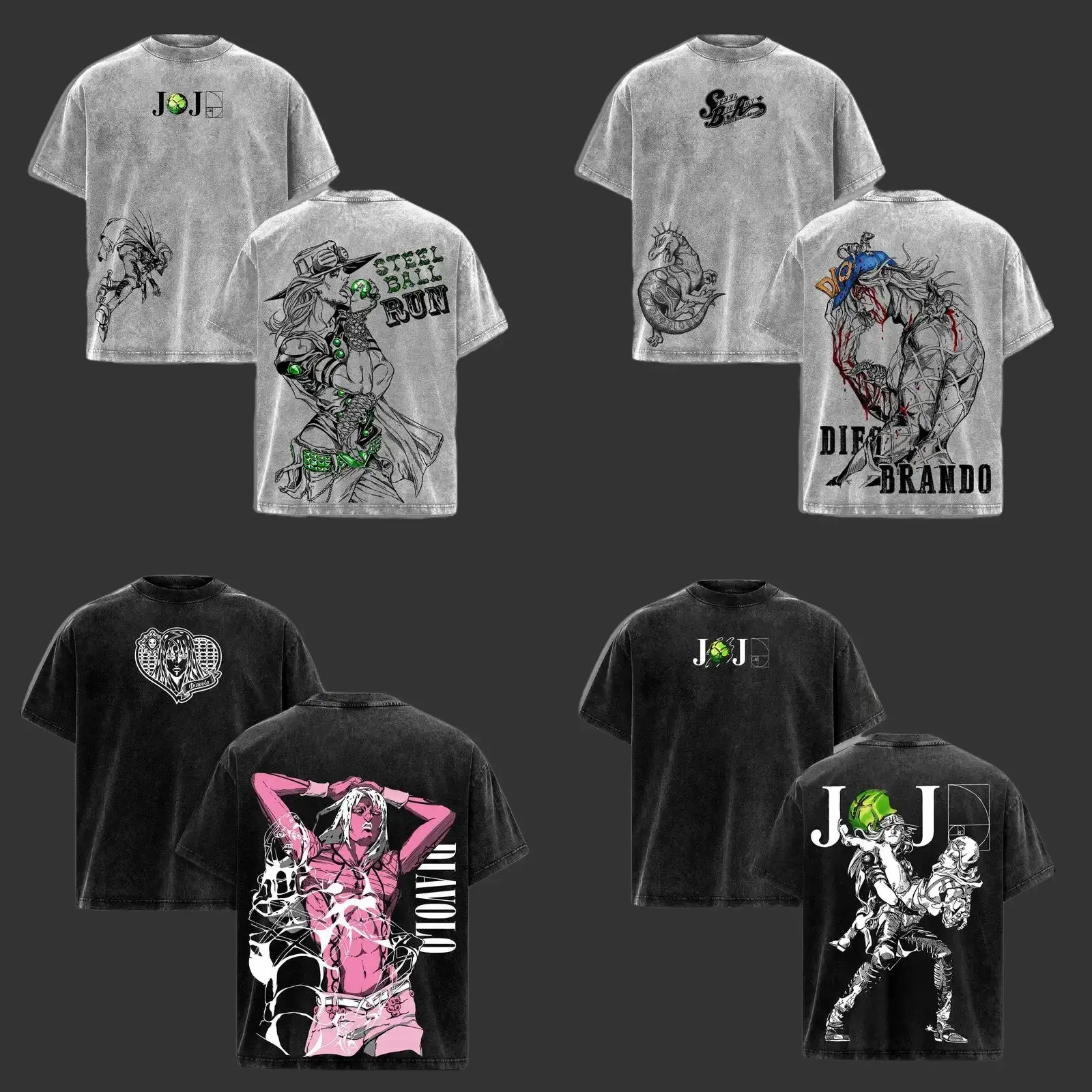 JoJo’s Bizarre Adventure Jolyne Cujoh, DIO, Diavolo Anime Graphic T-Shirt Collection, Vintage Washed Oversized Tee, Front & Back Print Streetwear Shirt