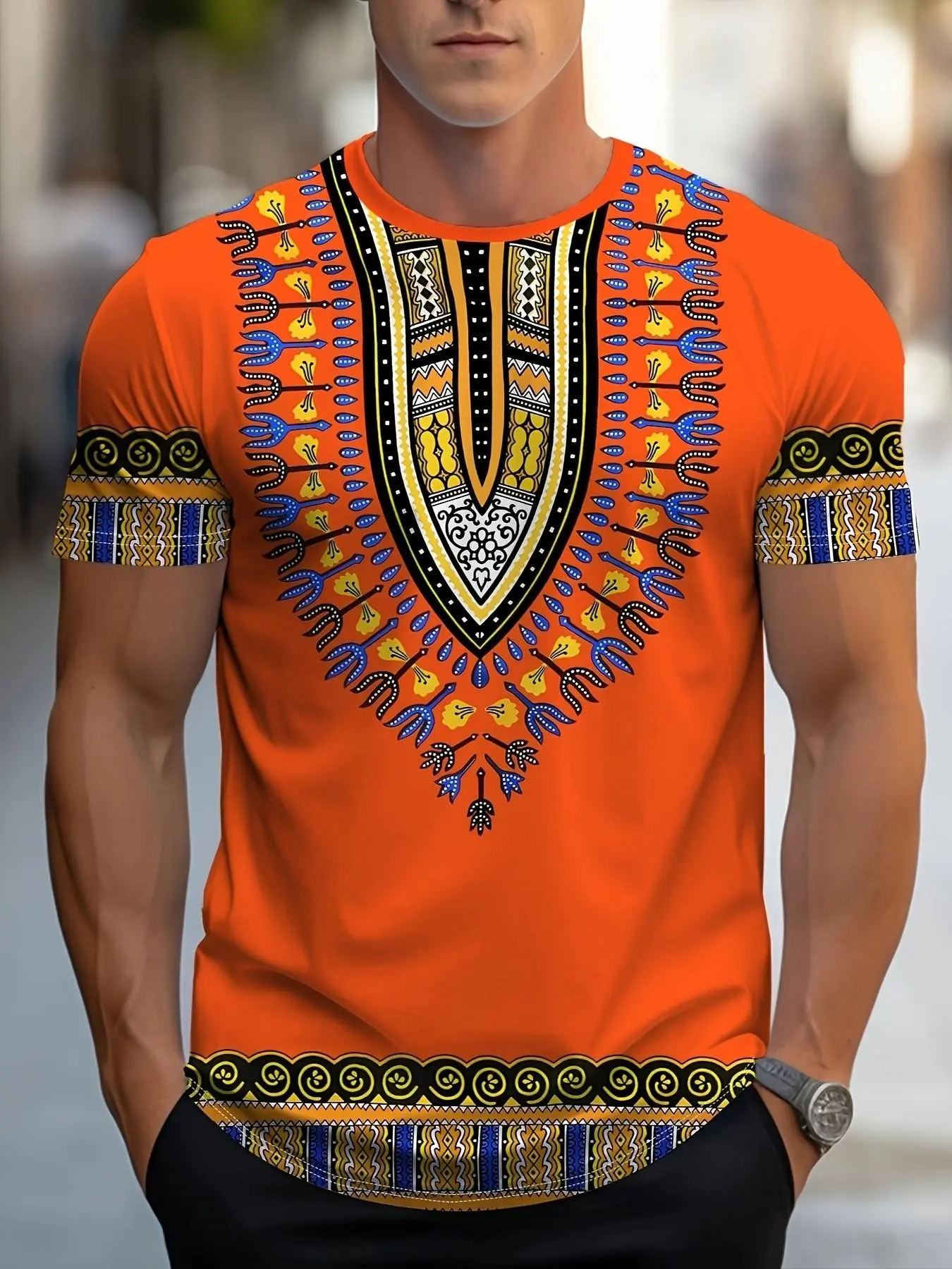 Men's African Cultural Style Graphic Print T-Shirt, Short Sleeve Casual Streetwear Loose Fit, Breathable Comfort for Daily Wear, Top