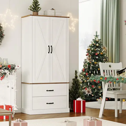 【GARVEE】Kitchen Pantry Cabinet with Doors, Shelves, Drawers, and Microwave Stand; Freestanding Tall Cabinet for Kitchen, Dining Room, Living Room, and Bathroom in White Finish