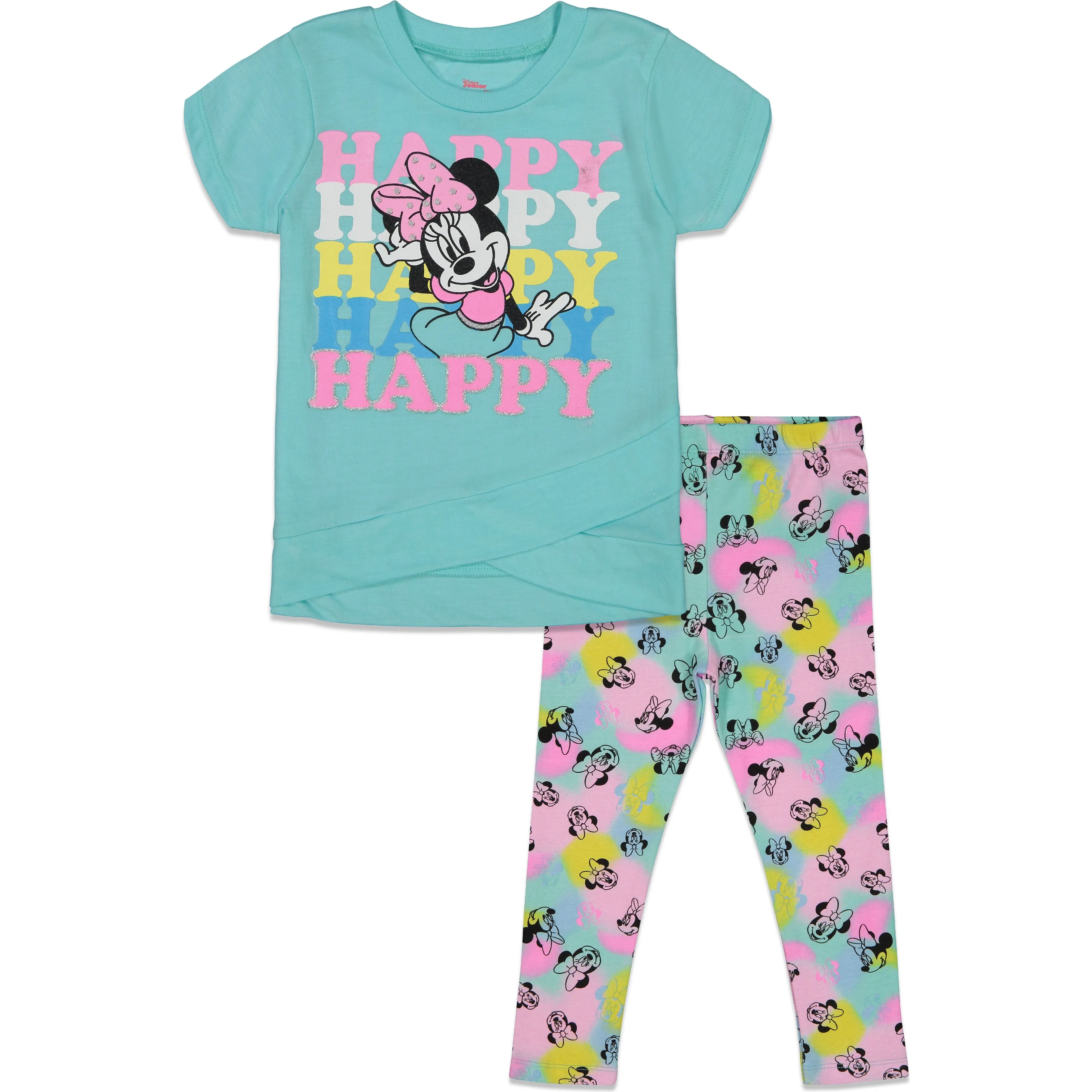 Disney Minnie Mouse Girls' 2-Piece Round Neck Graphic Tee and Elastic Waist Leggings Set, Toddler to Big Kid, Everyday Wear with Playful Prints