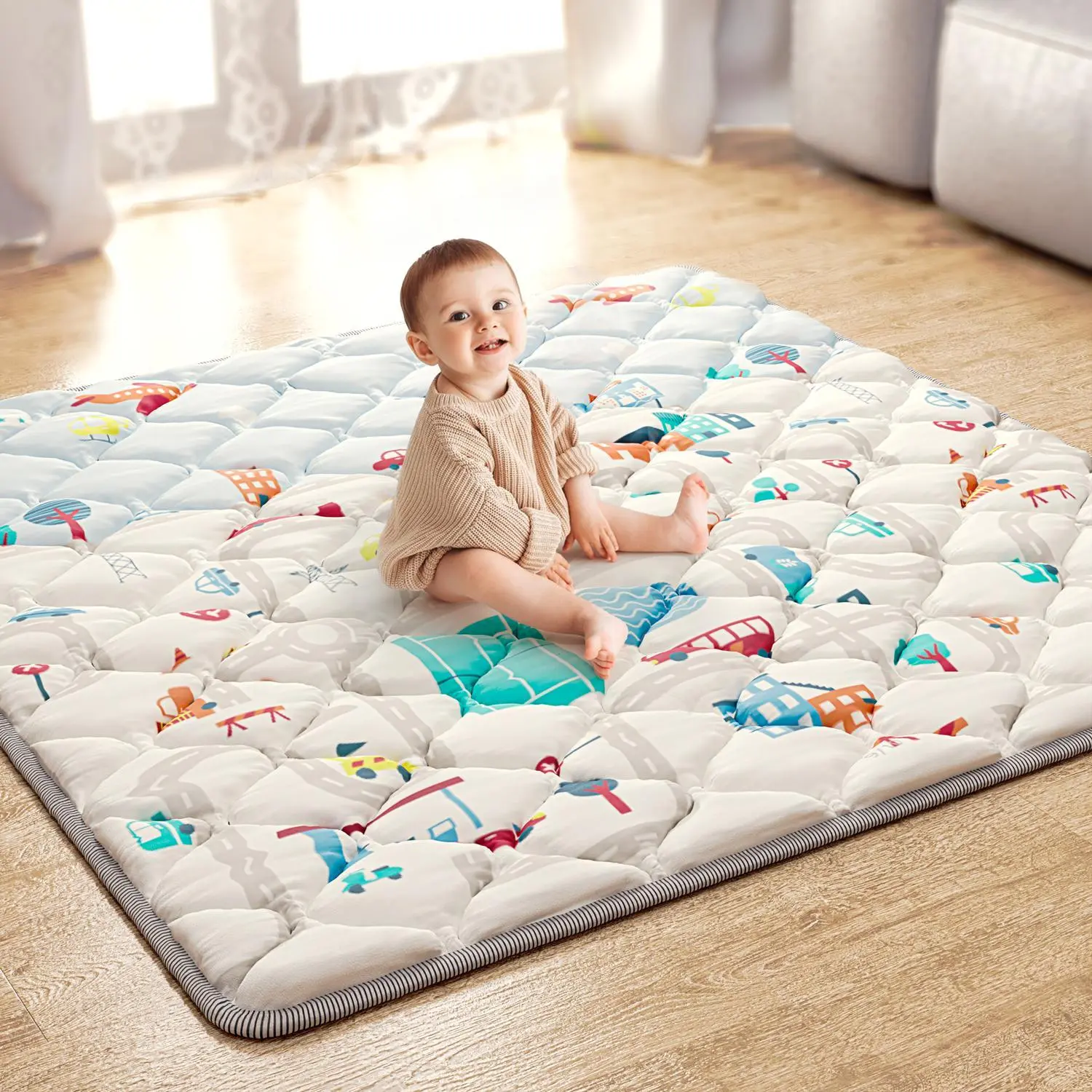 ieBabay Quilted Baby Play Mat, 50x50 Inch Letter Pattern Sensory & Tummy Time Mat for Nursery Development, Foldable, Machine-Washable, Non-Slip Silicone Base, Sensory Board, Letter Pattern Mat