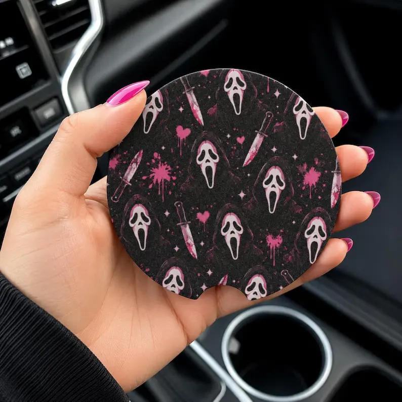Set of 2 Pink Horror Mask Car Coaster, Black Gothic Cup Holder Insert, Spooky Slasher Car Accessory, Halloween Gift for Horror Fans