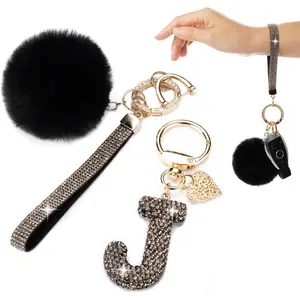 Initial Letter Keychain for Women Girl Bling Rhinestone Sparkly Bag Backpack Purse Charm Cute Pom Pom Key Chain Wristlet