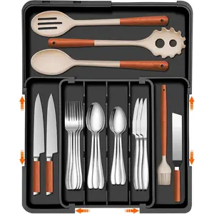 Expandable Silverware Organizer - Adjustable Plastic Kitchen Drawer Organizer, Cutlery Holder Storage for Forks Knives Utensils Flatware, Black