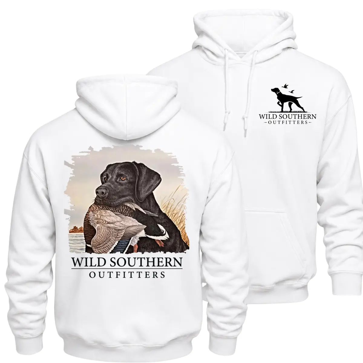 Wild Southern Outfitters Duck Hunting Hoodie, Black Labrador Retriever Carrying Mallard Graphic Pullover, Front Chest Logo and Large Back Print Waterfowl Hunter Apparel, Southern Outdoor Gift for Men and Women