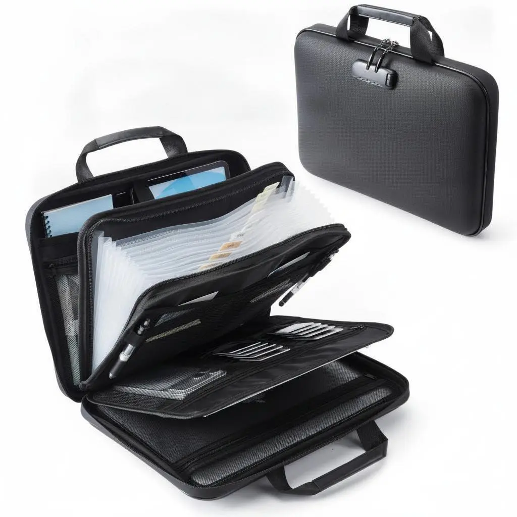 Fireproof Document Box with Lock, Portable File Safe Organizer, 13 Pockets | Fire/waterproof, secure lock, rigid case, lightweight, fits documents & tablets