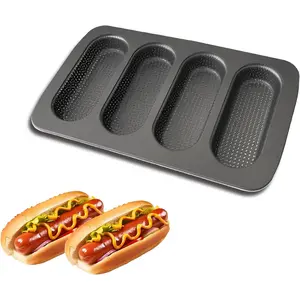 Bun Pan, Non-Stick Carbon Steel Baguette Pan, Perforated Hotdog Bread Pans, Mini Baguette Sandwich Baking Trays for Hot Dog Bun Rolls, Black (1 Pack)