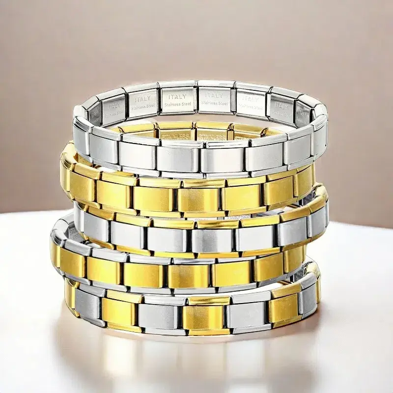 Italian Charm Link Stainless Steel Golden Bracelet for Woman Men DIY Making 9mm Bead Silver Color Retro Bangle Jewelry