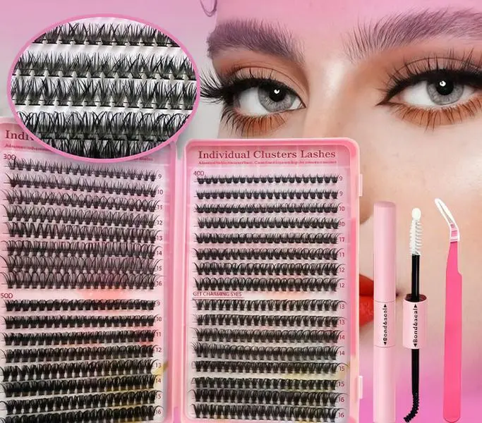 DIY Cluster Lash Extension Kit, Mixed Tray Individual Lashes Set, Soft Segmented Eyelashes with Lash Bond Seal and Tweezers, Natural Daily Look, 30D 40D 50D, 9-16mm