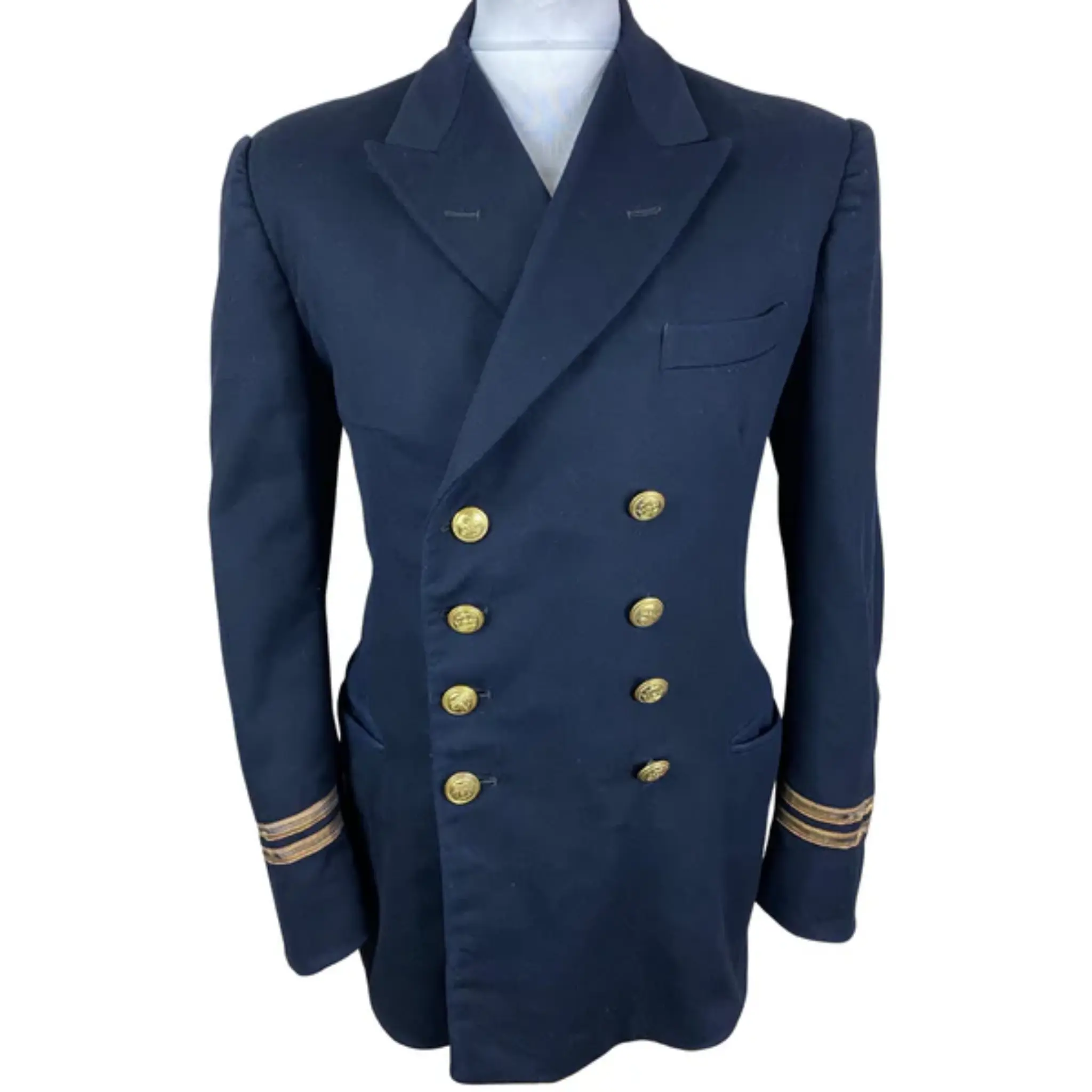 Men's Vintage Naval Blazer Coat - Bespoke Double-Breasted Doeskin Jacket Navy Blue Heavy Wool Gold Buttons Front Flap Pockets