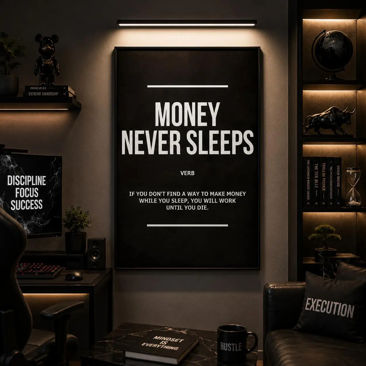 Money Never Sleeps Print Wall Art Office Decor, Investing Poster, Finance Printable, Entrepreneur Motivational Sign Gift For Investor Stock Market Wall Art, Wealth Mindset Decor, Trading Room Poster, Financial Freedom Art, Business Office Decor Wood Frame