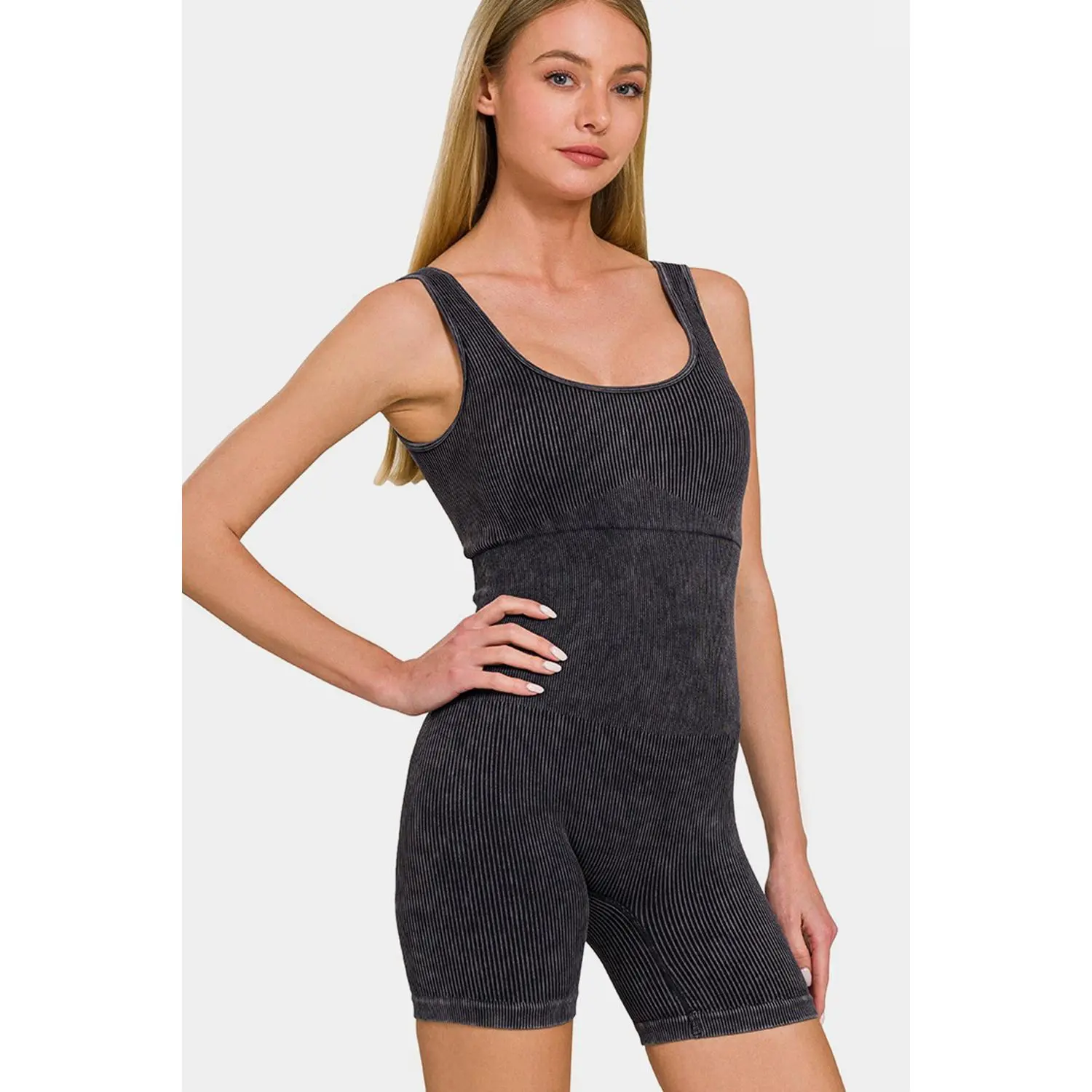 Zenana Washed Ribbed Romper with  Fabric Fit Casual