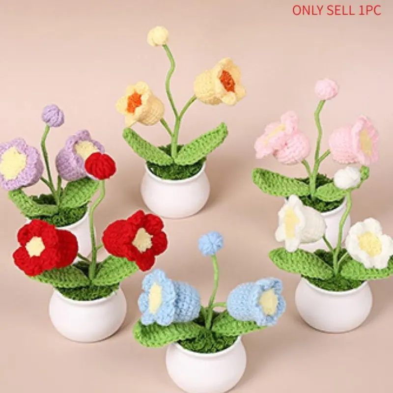 Crochet Bell Orchid Flower Potted Ornament, Handmade Knitting Flower Potted Plant, Decorative Flower for Home Living Room Bedroom Dining Room