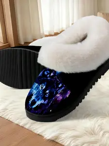 Star Wolf Print Cotton Slippers, Dark Dreamy Style, Fuzzy Lined Anti-Slip Thick Sole, Home Warm Shoes for Men and Women Fall Winter