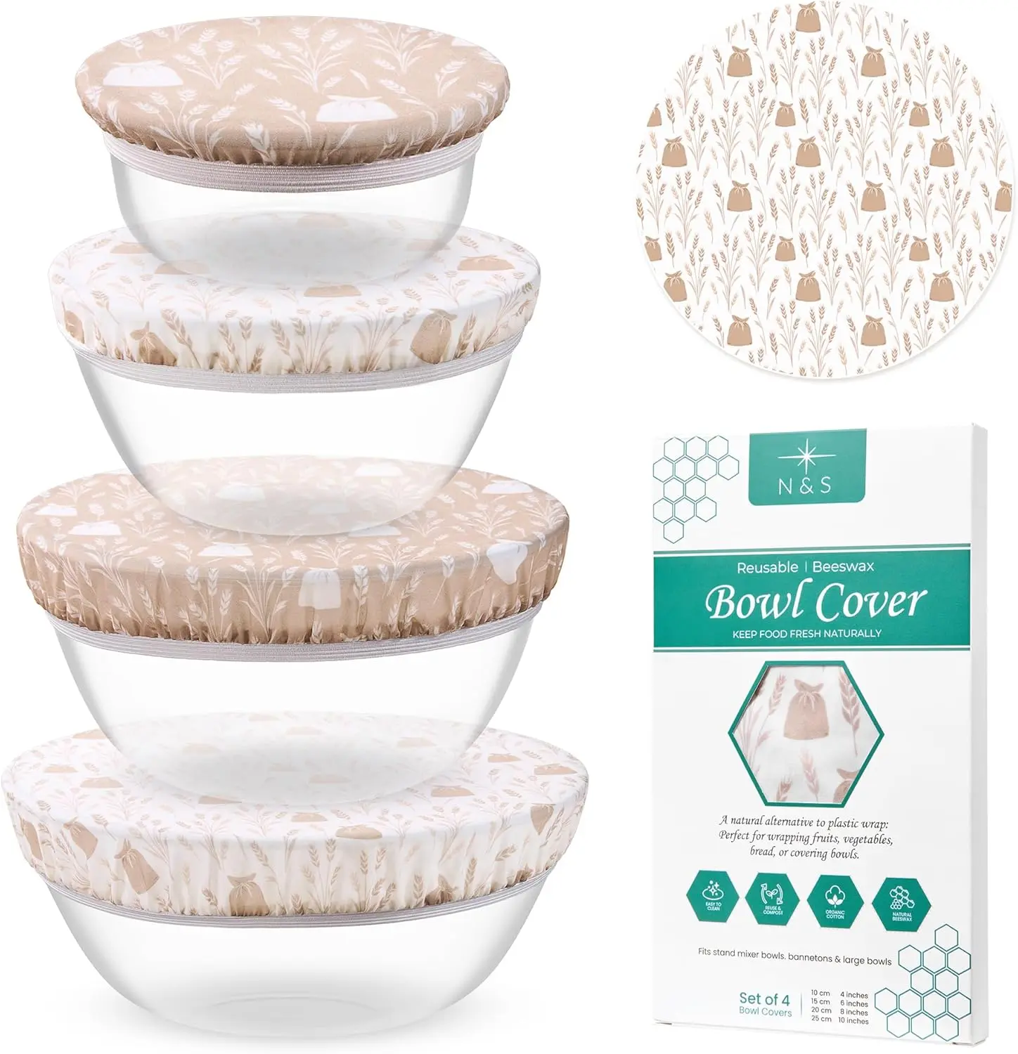 Resuable Bowl Covers for Bread Proofing-Beeswax Bowl Covers Resuable, (Set of 4 pack) Elastic Cotton fabric for Sourdough Bread Proofing Cover, Dough Proofing and  Storage, Compostable, Durable