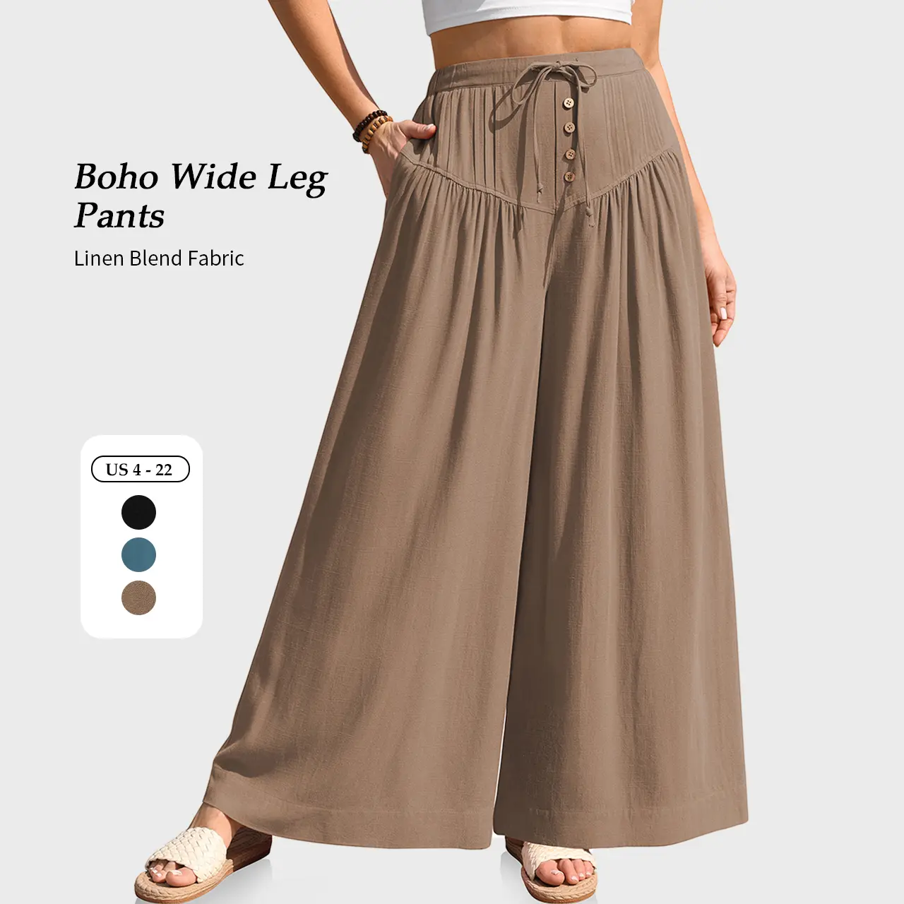 【SS26 Collection】TARSE Women Linen Blend Wide Leg Pants Palazzo High Waisted Boho Loose Casual Lounge Pant Beach Travel Vacation Outfits