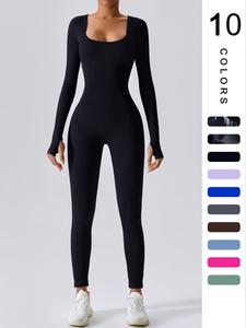 Women's Solid Ribbed Long Sleeve Second-skin Feel Tight-fitting Playsuit Jumpsuit for Spring, Workout Ribbed Bodycon Jumpsuit, Sports Jumpsuit, Jumpsuits for Women, Jumpsuits One-piece Yoga Suit