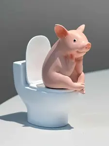 1pc  Adorable Pig Figurine Perched on a Toilet - a PVC Decoration for Your Bathroom, Suitable for Desktop Or Wall Display, Perfect for Home Office Desks And Living Room Decor, As Well As Bathroom Additions And Decorative Statues