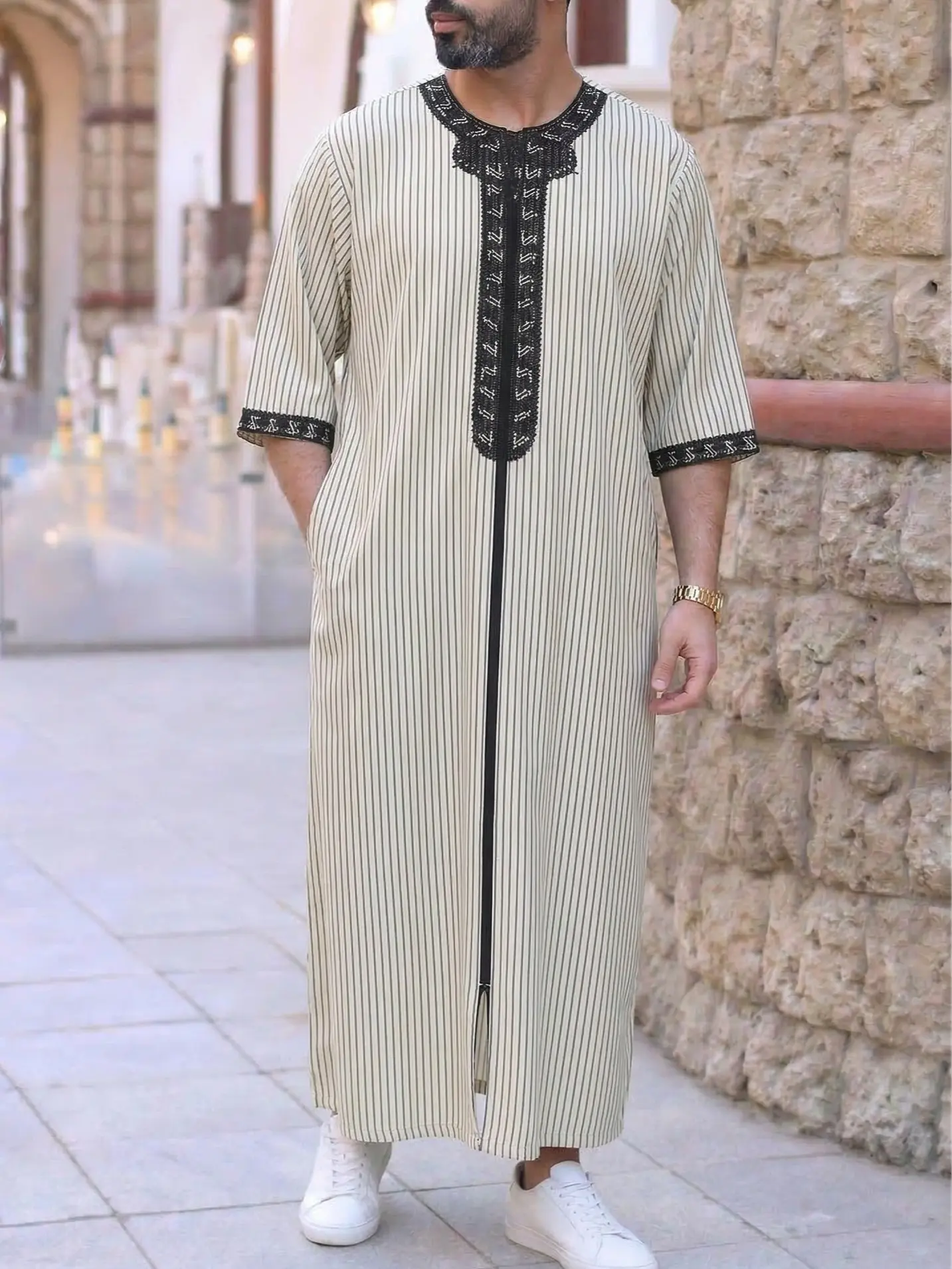 Men's Moroccan Striped Robe, Long Loose Fit Hooded Thobe with Embroidery, Casual Short Sleeve Jubba with Pockets, Xxl, Spring, Cultural Flair, Embroidered Fabric, Exquisite Craftsmanship, Jubba Thobe, Side Pockets, Multi-Size