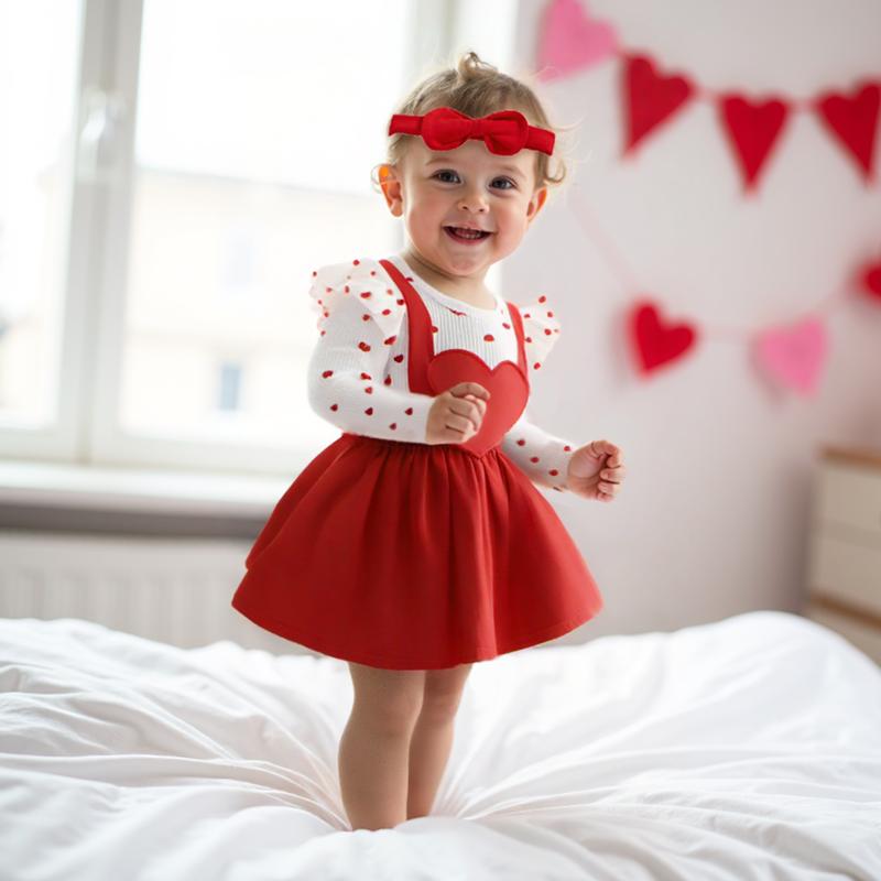 Calsunbaby Valentine Baby Girl Outfit Heart Print Ribbed Long Sleeve Newborn Valentines day Romper Dress Headband Set