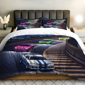3PCS Duvet Cover Set, 1 Duvet+2 Pillowcases(Without filler), Racing Cars Fast Speed Urban Night theme, Birthday bedding set, Luxury Bedroom Styling Suitable for decoration Bedroom Gift Living Room Holiday, Decorative Duvet Cover, Bed Sets