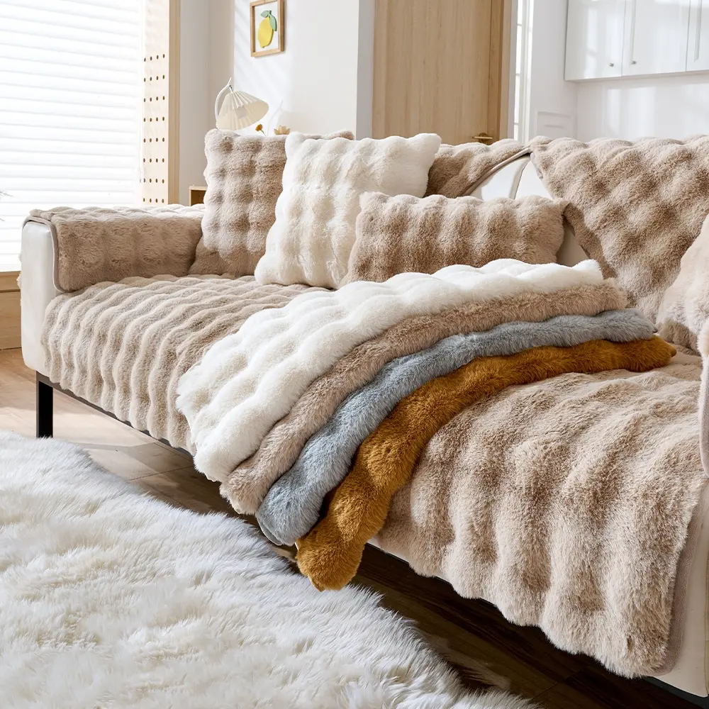 Solid Color Sofa Cover, 1 Count Non-slip Cover, Couch Covers, Washable Sofa Slipcover, Soft Sofa Protector, Bubble Fleece Warm and Pet Friendly, Can Be Used As Floor Cushion, Bedside Cushion