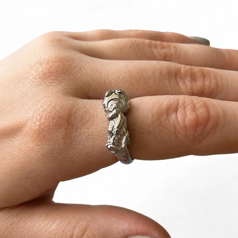 Custom Made Silver Monchhichi Ring Size 8 Unique Design for Personalized Jewelry