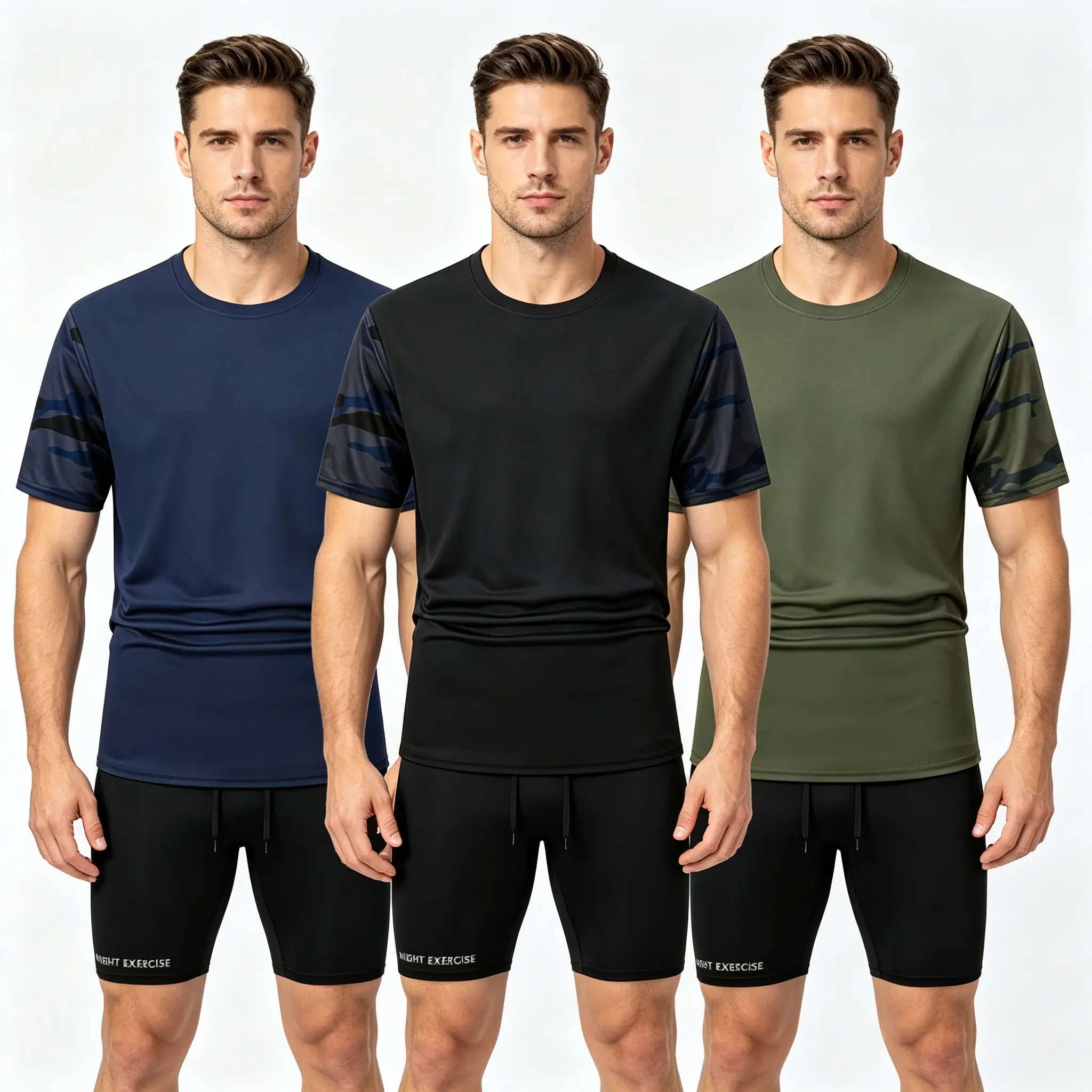 Men’s 3-Piece Quick-Dry Sports Set, Crew-Neck Short-Sleeve T-Shirt with Color-Block Camouflage Sleeves & 2-in-1 Mesh-Liner Compression Shorts, Moisture-Wicking Activewear for Gym, Running
