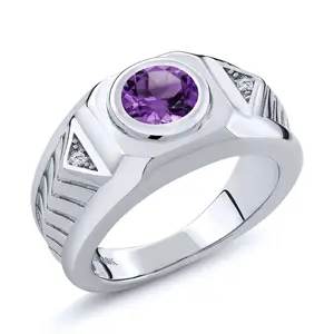 Gem Stone King Men's 925 Sterling Silver Gemstone Birthstone and White Moissanite Ring For Men | Round 8MM | Available in Size 7, 8, 9, 10, 11, 12, 13