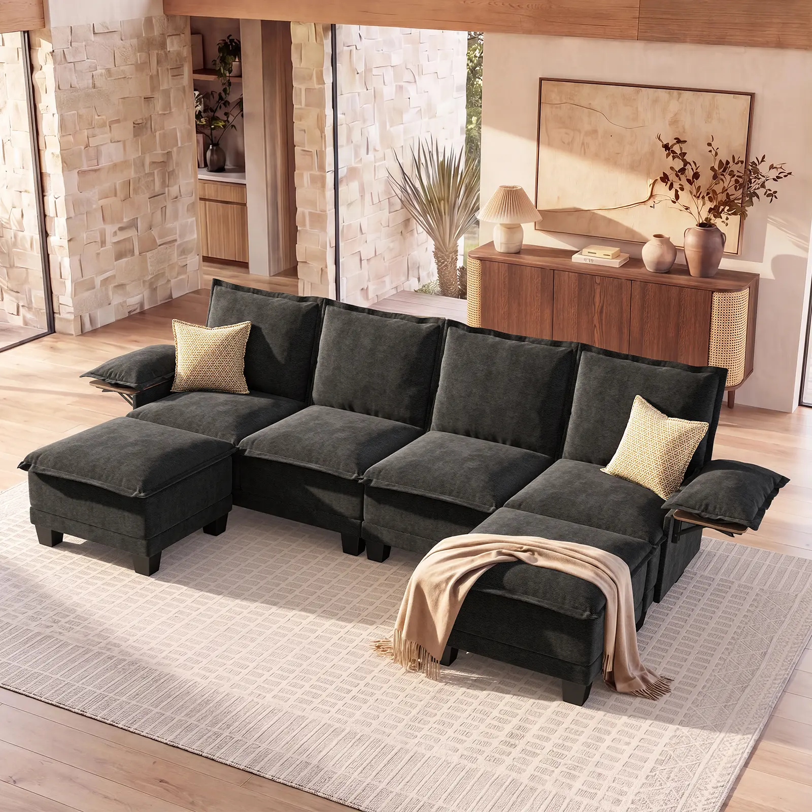 Modern 122" U-Shaped Sectional Sofa with Waterproof Chenille Fabric, Dual Fold-Down Side Tables & Two Adjustable Ottomans for Living Room