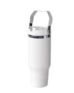 ZREGGUR 30 oz Skinny Sublimation Flip Straw Tumbler with Handle - Portable Thermal Insulation Stainless Steel Water Bottle, Wide Mouth Flask, Twist-On Leak-Resistant Lid, Flip-Up Straw, BPA-Free, Fruit-Friendly, White 1P (Mixed Plastic Components)