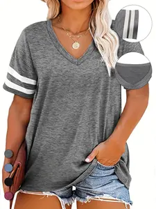 Plus Size Contrast Striped Print V Neck Tee, Casual Short Sleeve T-shirt for Summer, Women's Plus Clothing for Daily Wear, Cute Tops