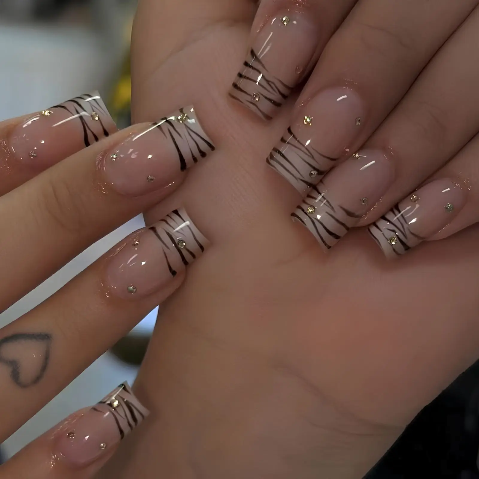 Handmade Nude Zebra French Tip Press-On Nails | Minimalist Animal Print False Nails with Gold Rhinestones | Reusable Glossy Square Nails