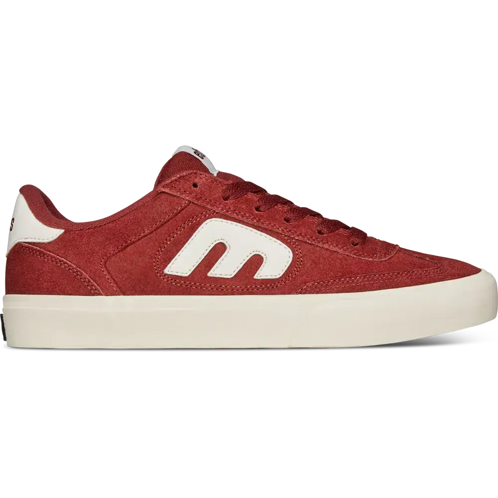 etnies Locut Vulc Red White Men's Skateboarding Shoes | Deep Red Suede Vulcanized Low Top with White Sole, HIT Shield Toe Cap, Elastic Tongue Straps, HIT Grip Outsole