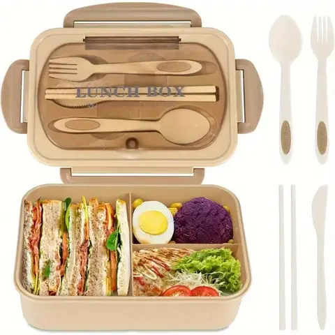 3-Compartment 1200ml Insulated Anti-Leak Leak-Proof Bento Box Lunch Box for Adults - BPA-Free, Microwave-Safe High Capacity Kitchenware Container with Chopsticks & Utensils, Compact Portable for Travel