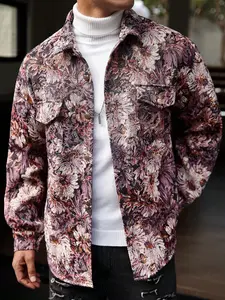 Men's Allover Floral Print Buttoned Stand Collar Long Sleeve Jacket with Two Flap Pockets on Front, Suitable for Spring & Autumn Seasons Wear