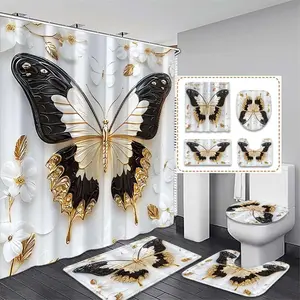 Elegant Gold Gradient Butterfly Waterproof Shower Curtain Set, Includes Bath Mat Toilet Lid Cover U-Shaped Pad, Perfect Bathroom Decor Gift