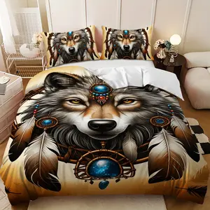 Bedding 3-piece set - 3PCS,Brown Dreamcatcher Wolf Totem Design Down Comforter Set (1 comforter cover + 2 pillowcases, filling not included) -soft and comfortable, suitable for family bedrooms.