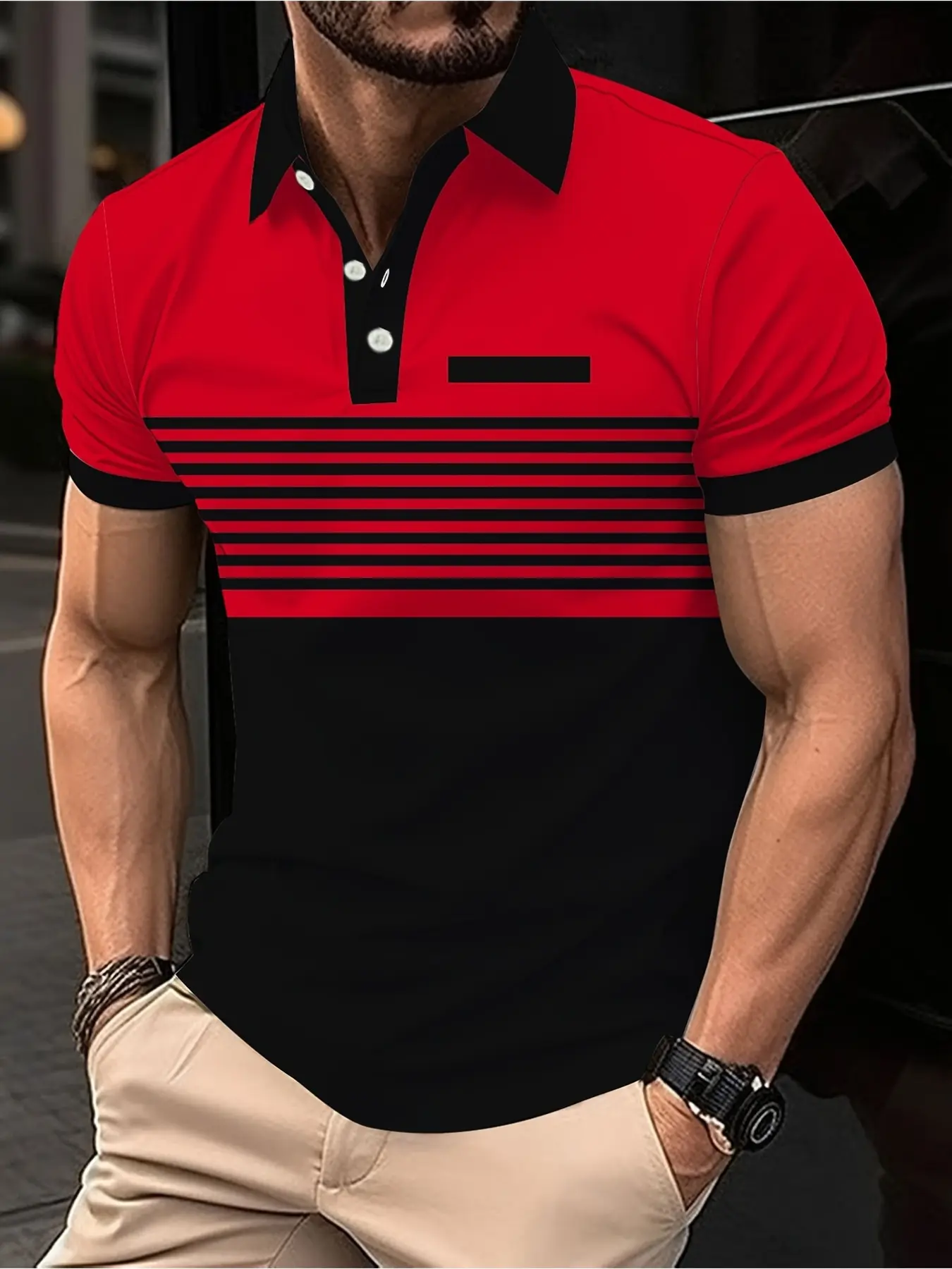 30/5000 Summer men's sporty casual outdoor polo shirt, 3D digital printed men's multi-color striped top Menswear Casual Polo Shirts