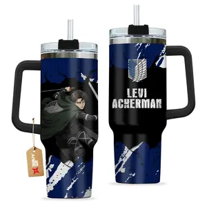 STORMMECH Levi Ackerman 40oz Handle Tumbler - Stainless Steel Leakyproof Double Layer Insulated Portable Travel Mug, Black Cap & Handle, Anime Theme Cold Water Cup, Otaku Gift Washable Iced Coffee Drinkware, Leakyproof Insulated Mugs, Cold Water Mugs