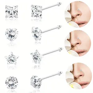 4PCS Stainless Steel Silvery Nose Stud Pentagram Curved Bar Nose Ring Exquisite Shiny Zirconia Sparkling Square Heart Nose Rings Body Piercing Jewelry Set