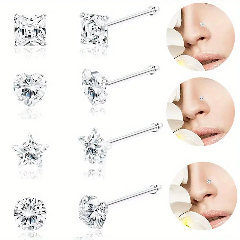 4PCS Stainless Steel Silvery Nose Stud Pentagram Curved Bar Nose Ring Exquisite Shiny Zirconia Sparkling Square Heart Nose Rings Body Piercing Jewelry Set