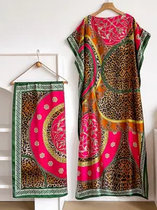 Women's Leopard Print Shawl Set with Small Scarf, Beach Decoration, Sun Protection, Windproof, Casual Daily Wear