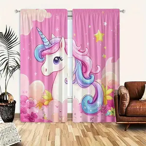 [Polyester Unicorn Curtain] 2pcs Polyester Light Filtering Curtain - Colorful Unicorn Pattern, Pole Pocket Design, Suitable for Bedroom, Living Room, Office and Home Decoration