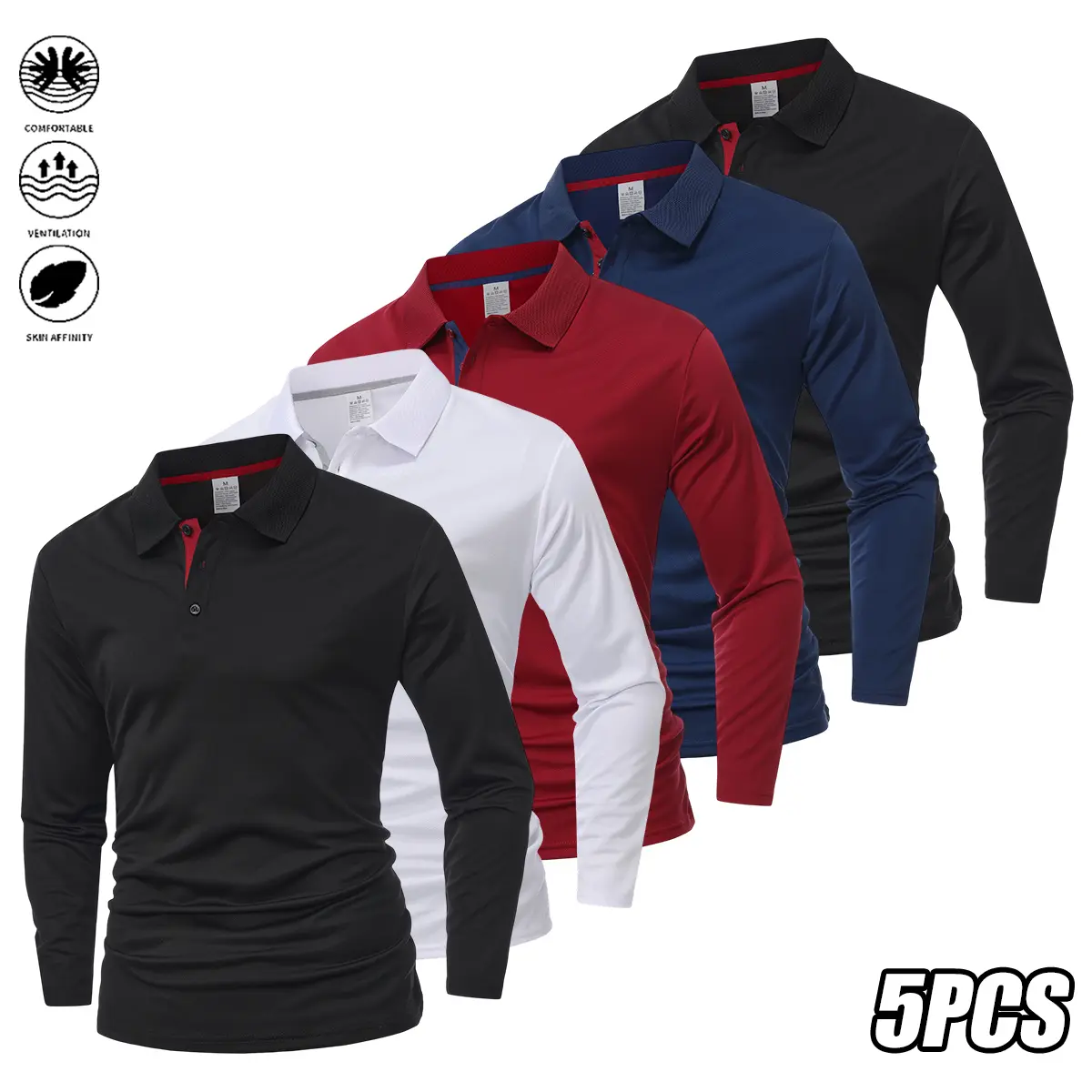Men's Premium Long Sleeve Shirt - Polyester Casual Classic Plain Print Standard Fit, Youthful Stylish Comfortable Lightweight, Suitable for All Seasons, Golf, Outdoor Activities