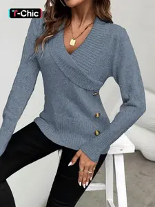 Women's Plain Wrap V Neck Button Decor Sweater Pullover, Casual Long Sleeve Jumper for Fall & Winter, Fashion Ladies' Knitwear for Daily Wear