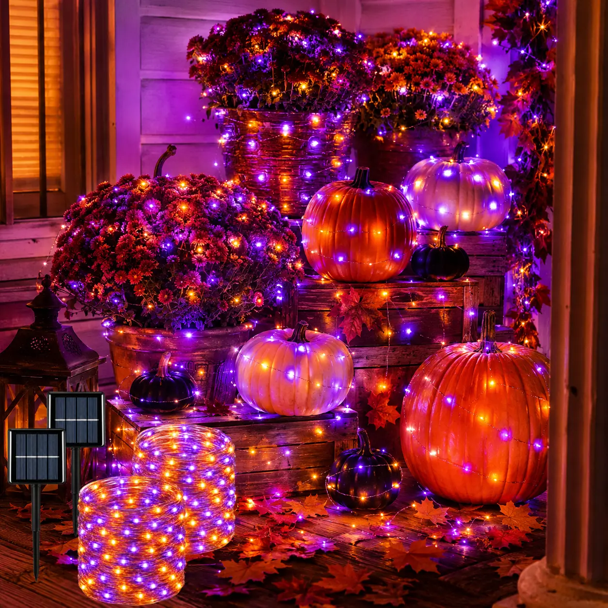LUMOSCAPE 2-Pack 400 LED Solar Fairy String Lights Orange Purple, 72FT Waterproof Copper Wire Lights with 8 Modes, Outdoor Halloween Lights for Porch Garden Patio Party Decor