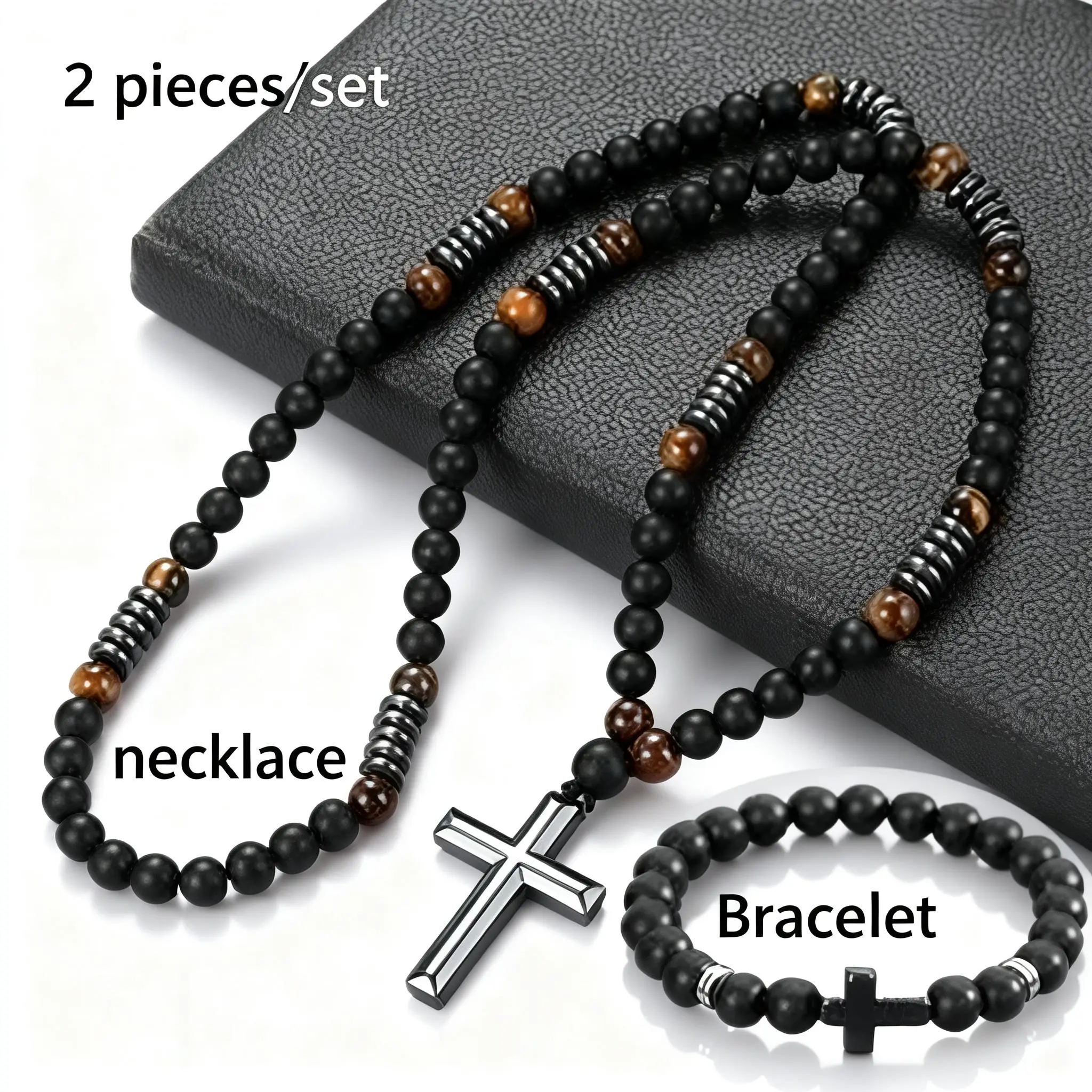 Women's Unisex 2-Piece Faith-Inspired Jewelry Set - Handmade Bohemian Cross Motif Necklace (30 inches, Stainless Steel, Hypoallergenic), Elastic Stretch Design Bracelet with 8mm Matte Black Agate, Tiger Eye Beads for Daily Wear